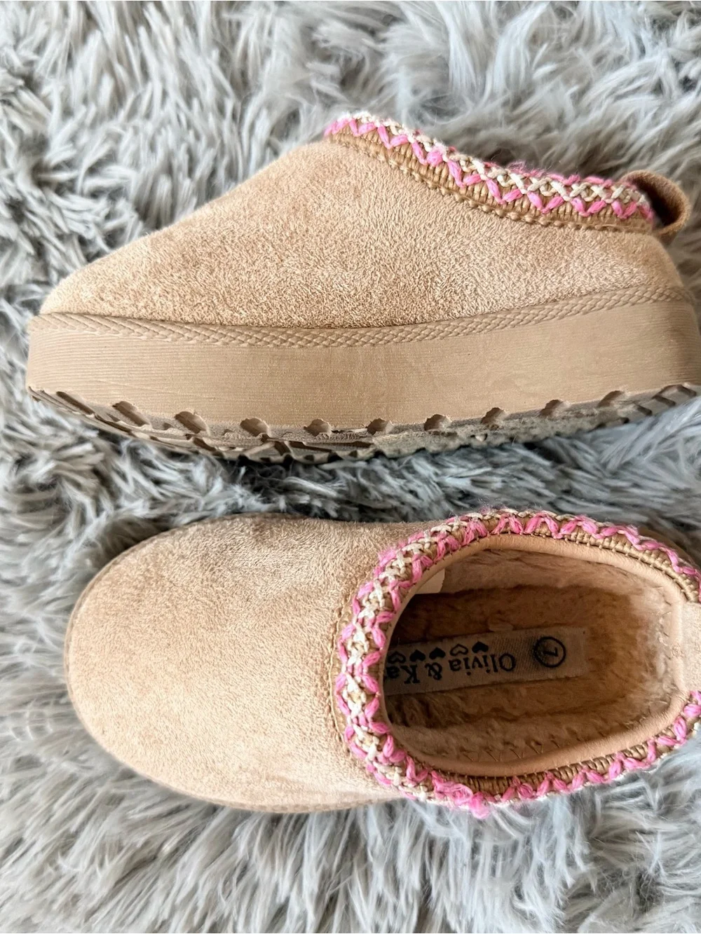 Olivia & Kate Girls' Tan Slip-On Slippers with Pink Trim